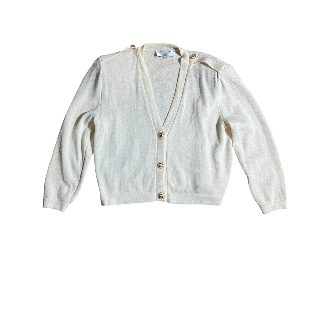 St. John Basics Santana Knit Cardigan L Ivory Gold Button Sweater